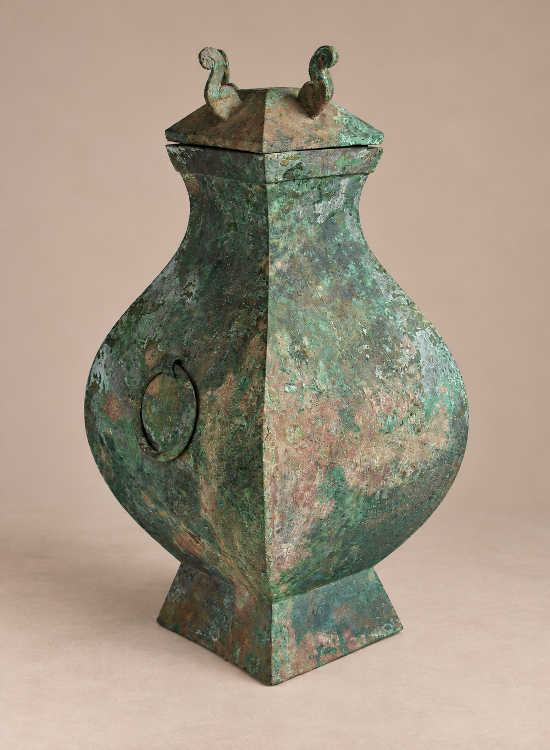 Warring States Chinese Bronze Fang Hu with Cover 戰國 青銅方壺