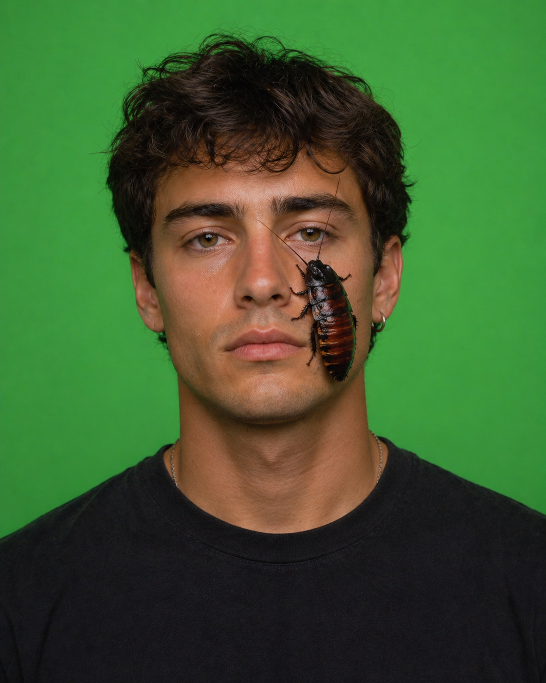 A young man with dark, curly hair and light skin looking directly at the camera with a large cockroach on his cheek, against a green background.