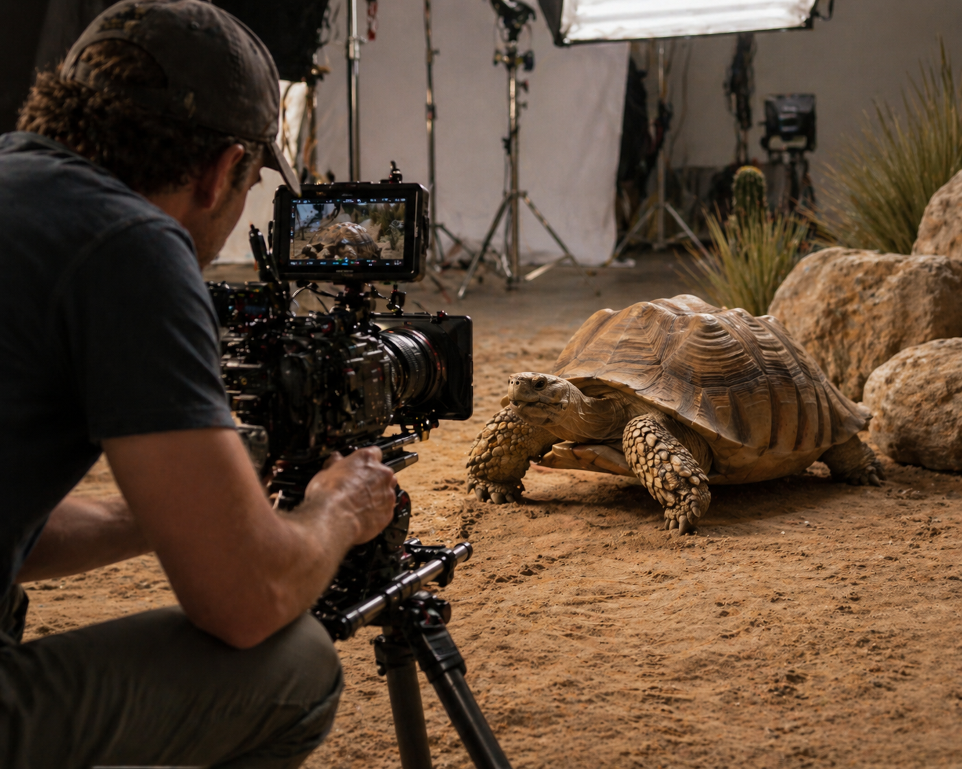 A man wearing a cap operating a camera on a tripod captures a shot of a large desert tortoise on a sandy floor in an indoor setting with rocks and desert plants in the background.
