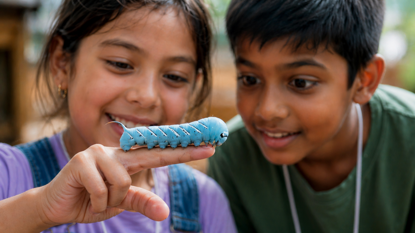 Two children, girl and boy, smiling as they look at a blue caterpillar on the girl's finger outdoors.