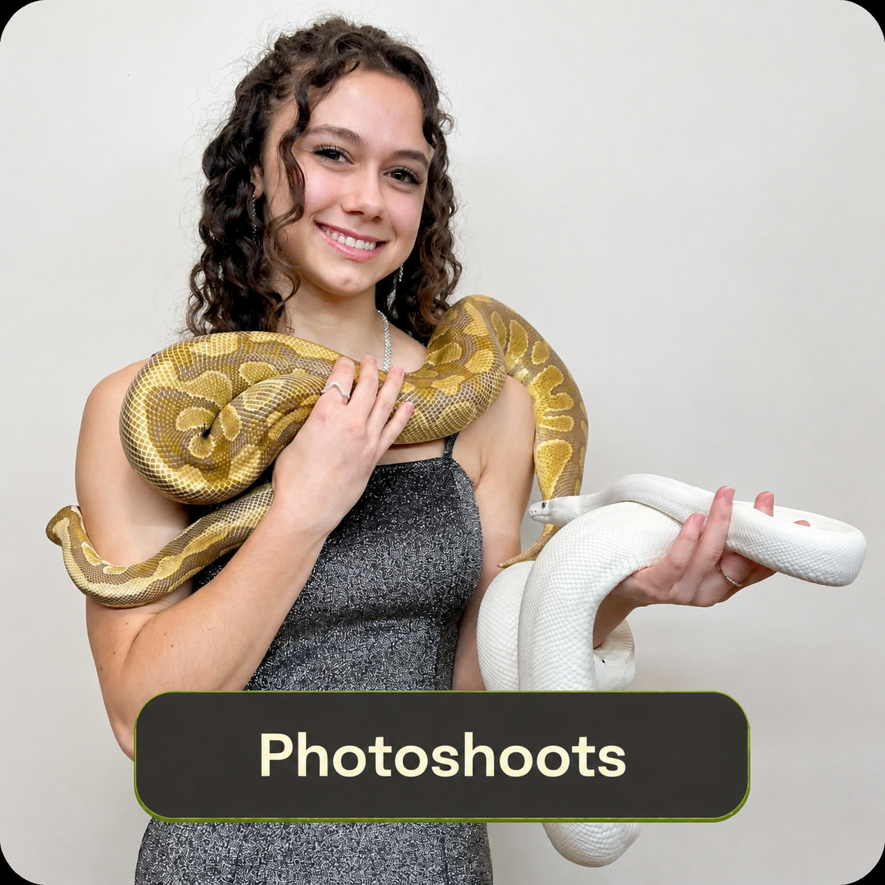 A young woman holding two snakes, one yellow and one white, smiling at the camera, with the word 'Photoshoots' displayed at the bottom.
