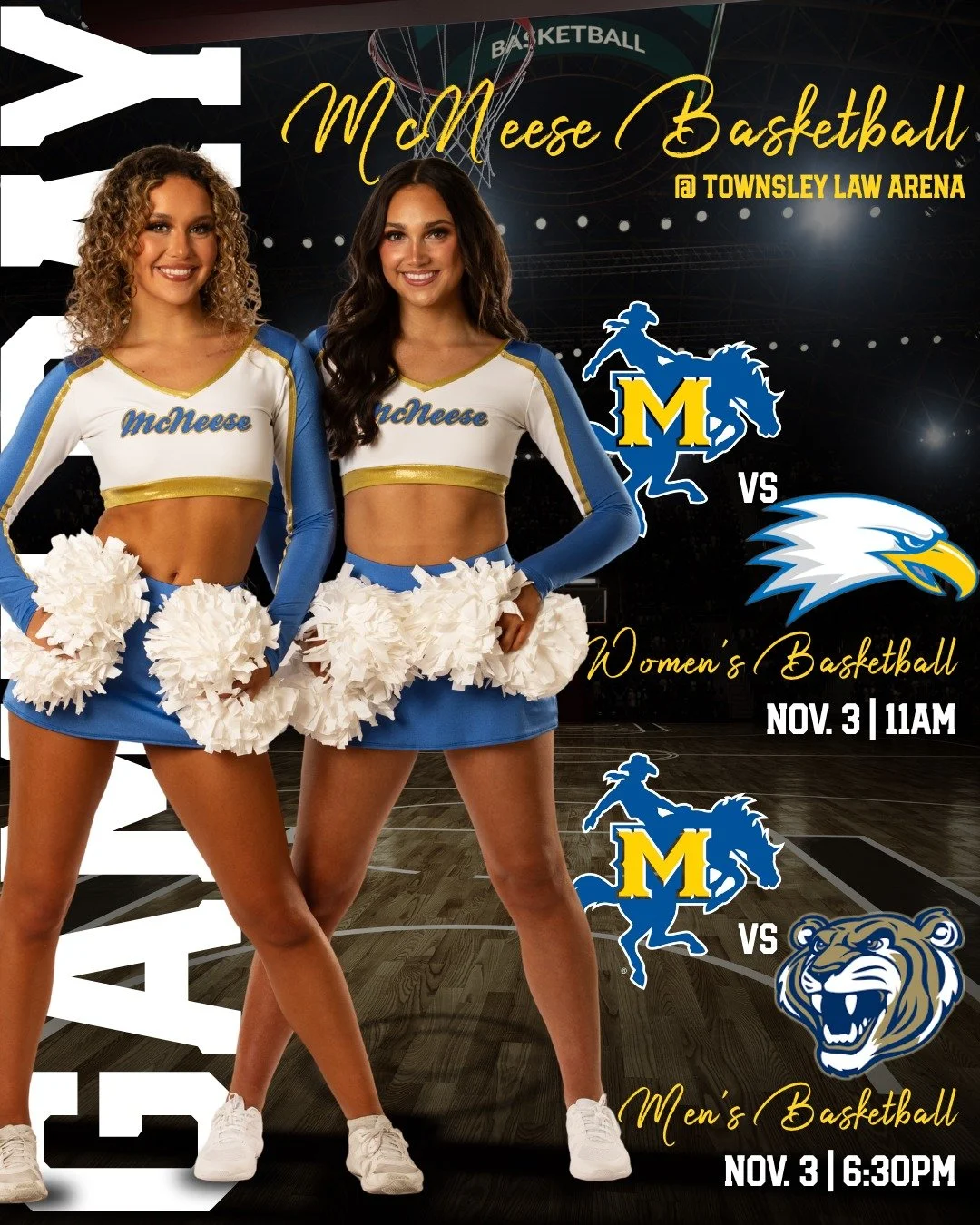 IT&rsquo;S GAME DAY 🏀 catch TWO basketball games today cheering on the pokes!
ㅤ
@mcneesewbb vs. @eaglespccwbb AT TOWNSLEY LAW ARENA // TIP OFF @ 11AM CST
ㅤ
@mcneesembb vs. @championmbb AT TOWNSLEY LAW ARENA // TIP OFF @ 6:30PM CST