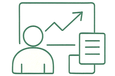 Simple illustration of a person, a growth chart with an upward trending arrow, and a document or report icon.