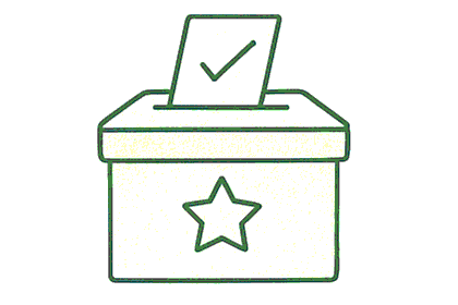 A ballot box with a piece of paper showing a checkmark entering it.