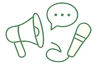 Illustration of a megaphone, a speech bubble with ellipsis, and a microphone.