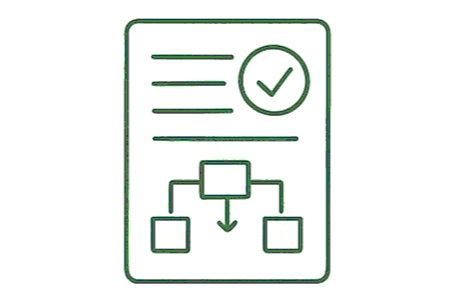 A schematic of a flowchart with a checklist icon and connected boxes