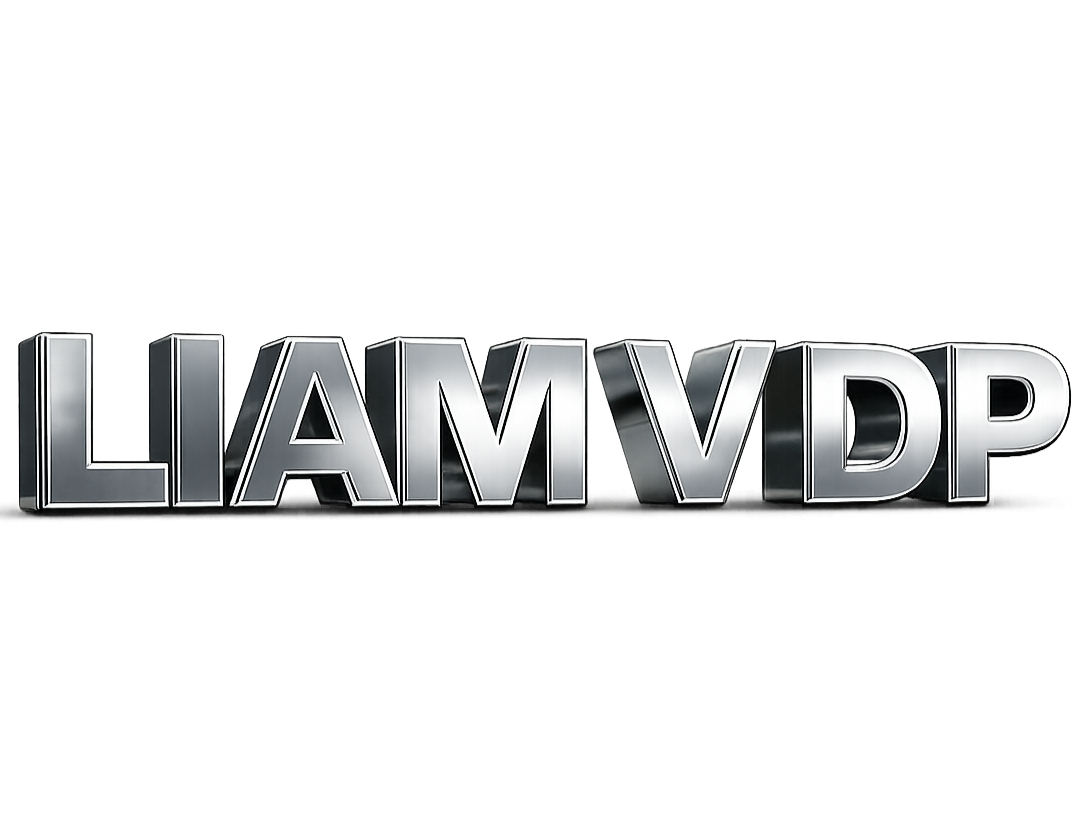 3D metallic silver letters spelling LIAMVDP on a black background.