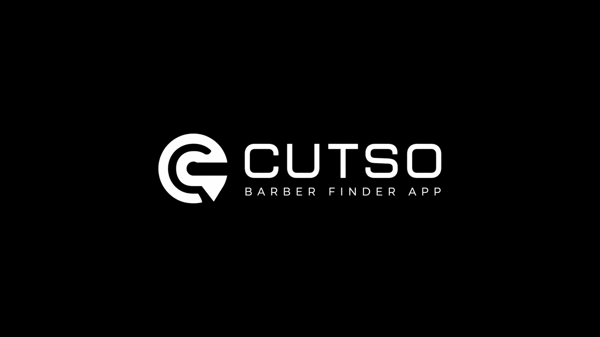 Logo for CUTSO Barber Finder App with a black background, a white circular emblem with a stylized speech bubble and a cutlery fork shape inside, and the text 'CUTSO' in bold capital letters, with smaller text underneath reading 'BARBER FINDER APP'.