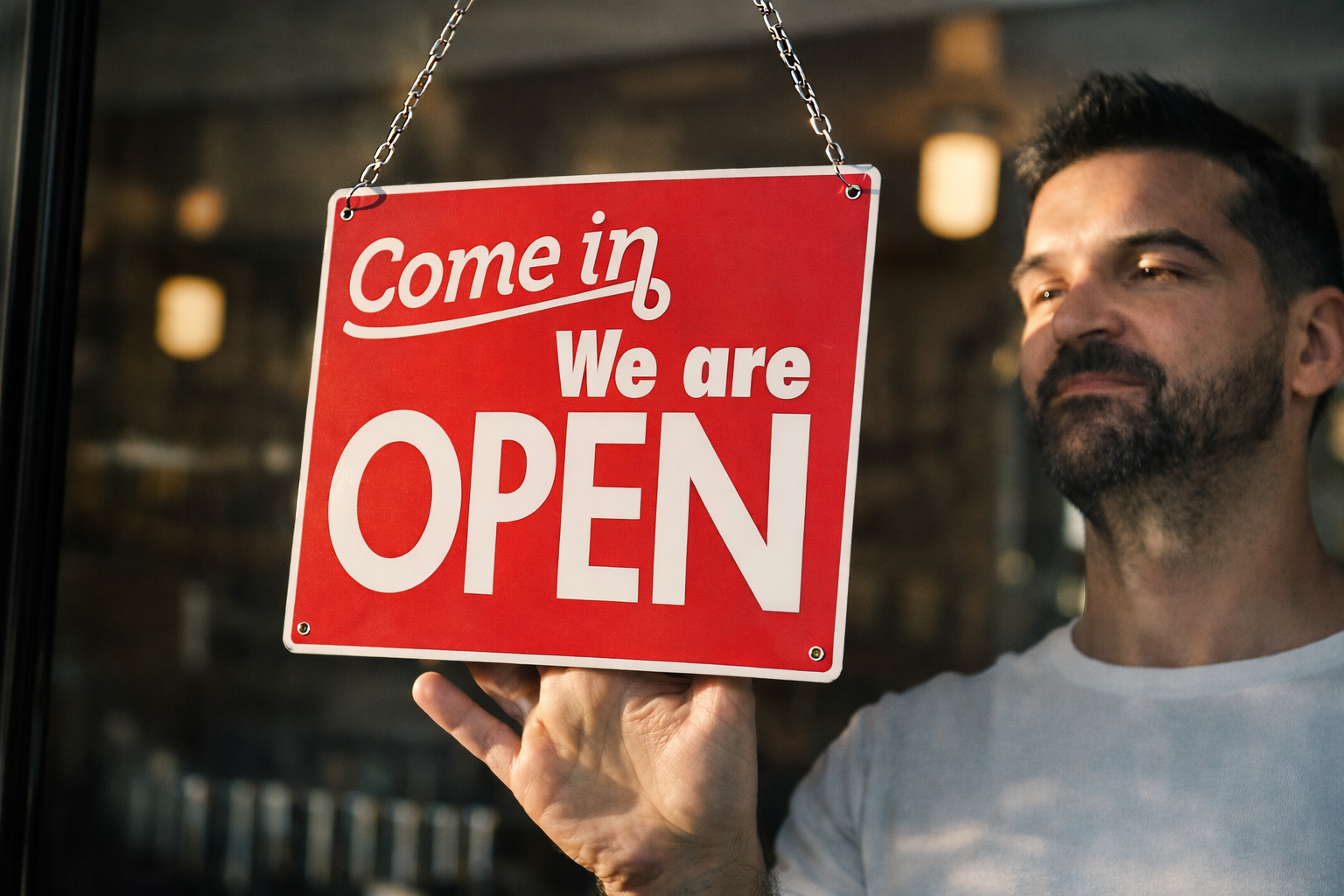 A man with dark hair and a beard looking through a glass window, holding a red sign that says 'Come in, We are OPEN'.