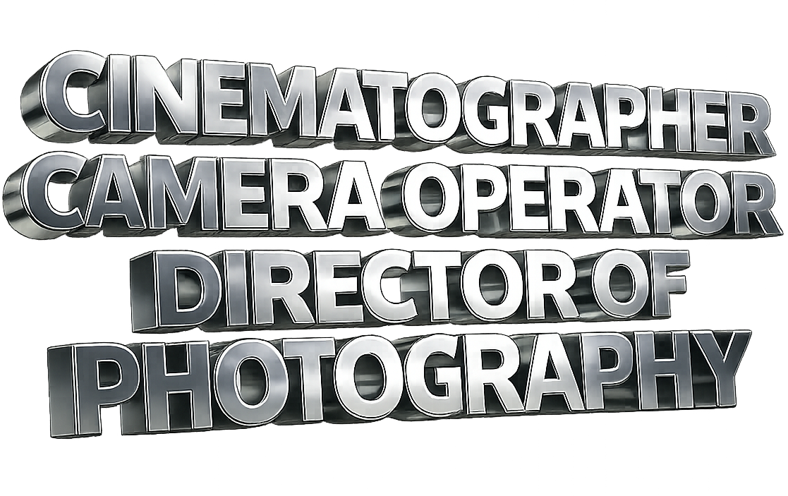 3D metallic text on a sign that reads, 'Cinematographer Camera Operator Director of Photography'.