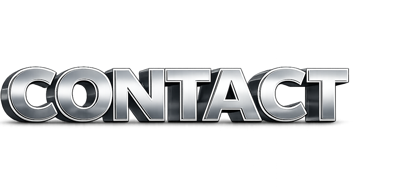 A 3D-rendered text graphic reading 'CONTACT' in silver metallic letters on a dark background.