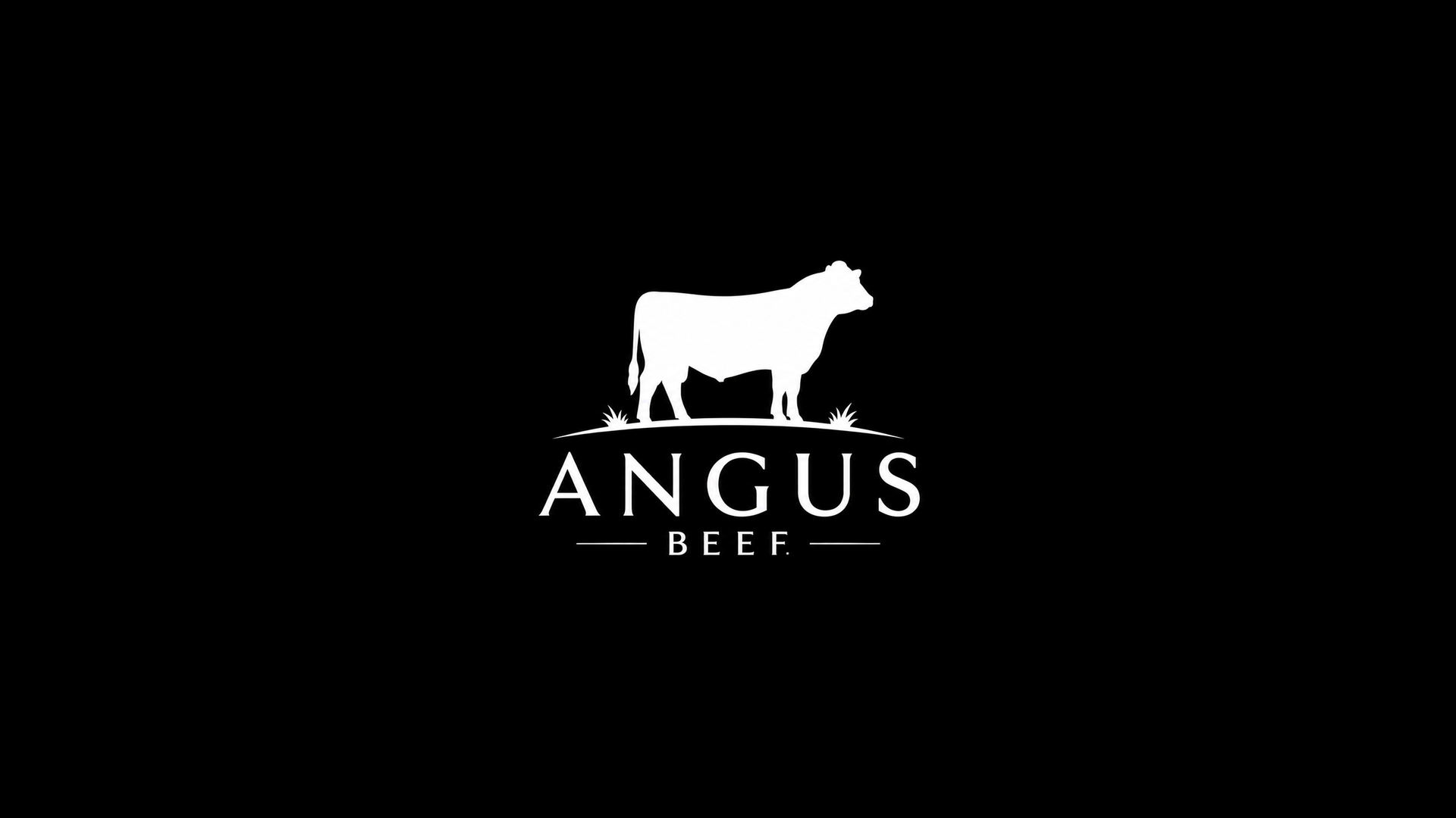 Black background with a white silhouette of a cow and the words "Angus Beef" underneath.