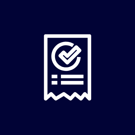 Receipt icon with a checkmark in a circle on dark blue background.