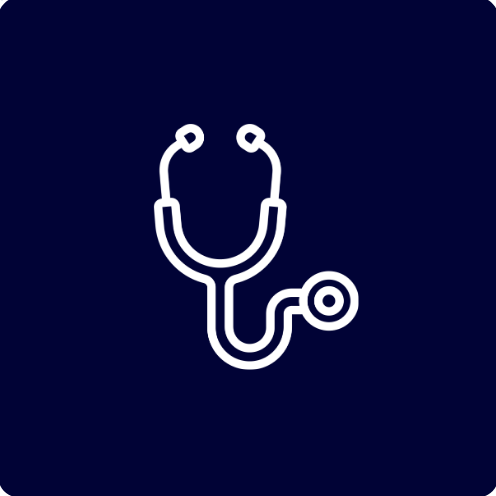 Icon of a stethoscope on a dark blue background.