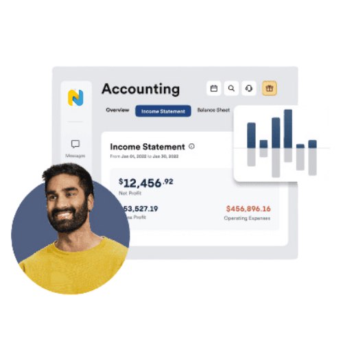 Computer screen displaying accounting software with income statement, graph, and navigation icons; a smiling man with a beard and yellow shirt in the foreground.