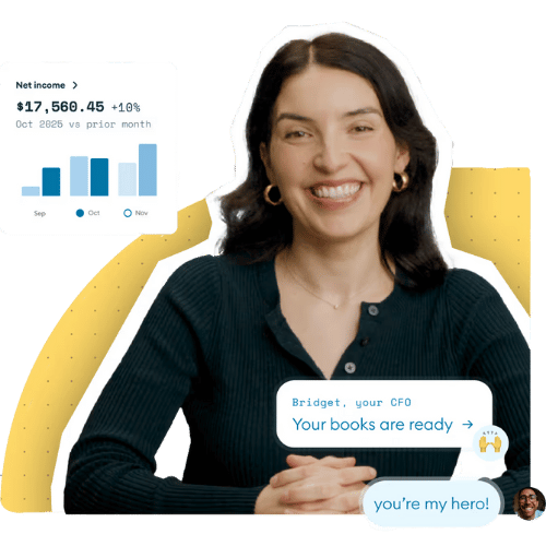 Smiling woman holding a phone with notifications about financial performance and books, with a chart showing net income and a yellow background