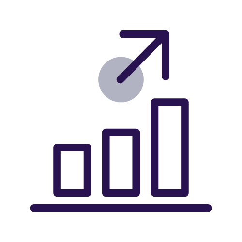 A bar graph with three bars increasing in height from left to right, and an upward arrow above the tallest bar, representing growth or progress.