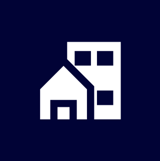 Icon of a house and a tall building on a dark blue background