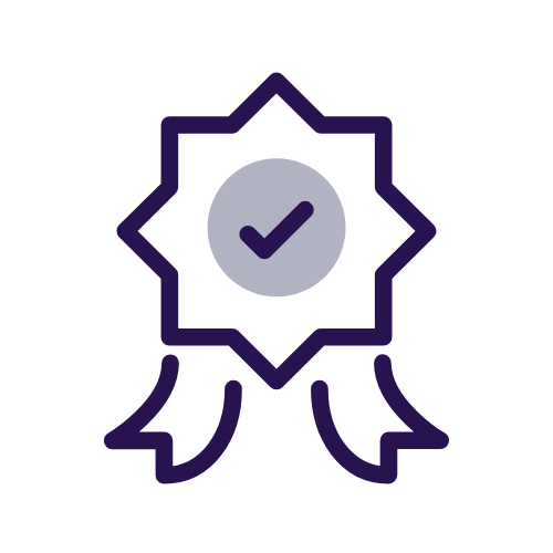 Icon of a badge with a checkmark inside, symbolizing certification or approval.