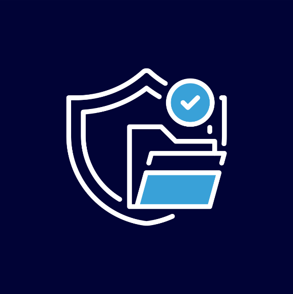 Icon of a shield with a file folder and a checkmark in a circle, symbolizing security or verified files.