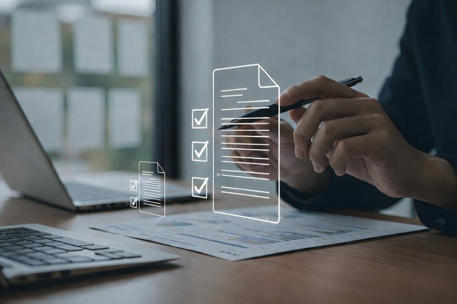 Person reviewing printed documents with digital overlay of checklists and checkmarks, in a modern office environment.