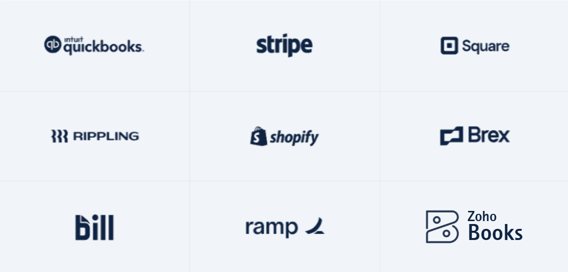 A grid of nine logos of various technology and financial companies, including QuickBooks, Stripe, Square, Rippling, Shopify, Brex, Bill, Ramp, and Zoho Books.