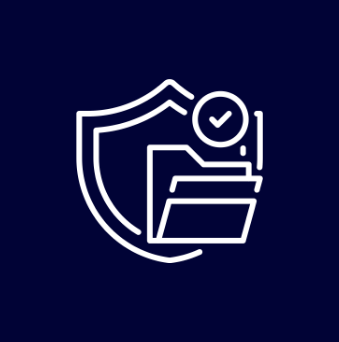 Outline of a shield with a checkmark, a folder, and a document icon, symbolizing security or protection of files.