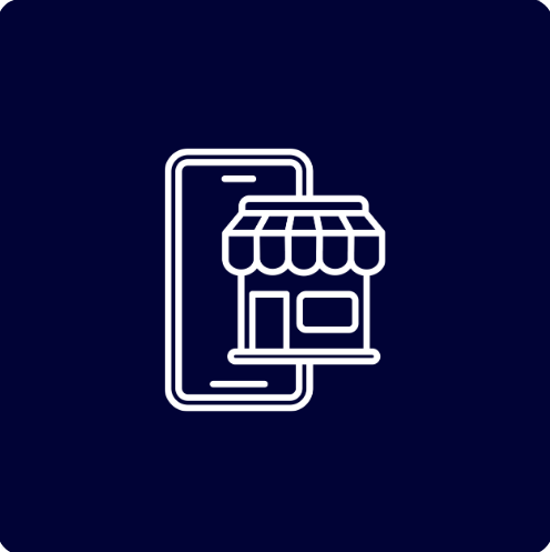Icon of a smartphone with a storefront awning, representing mobile shopping or online store access.
