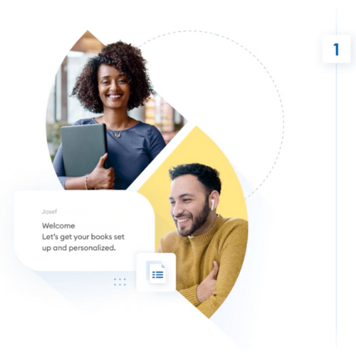 A woman and a man smiling, with the woman holding a gray book and the man wearing a yellow sweater. The background has stylized geometric shapes and a welcome message.