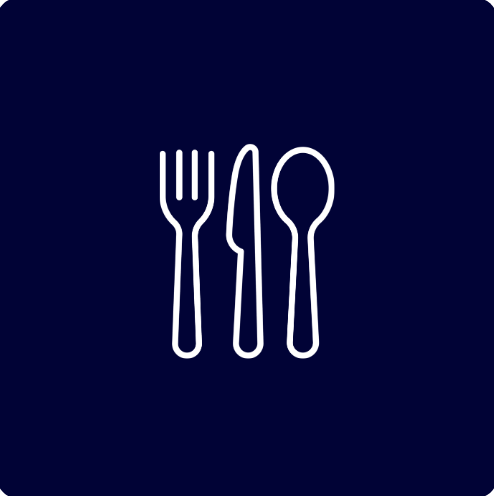 Icon of a fork, knife, and spoon on a dark blue background.