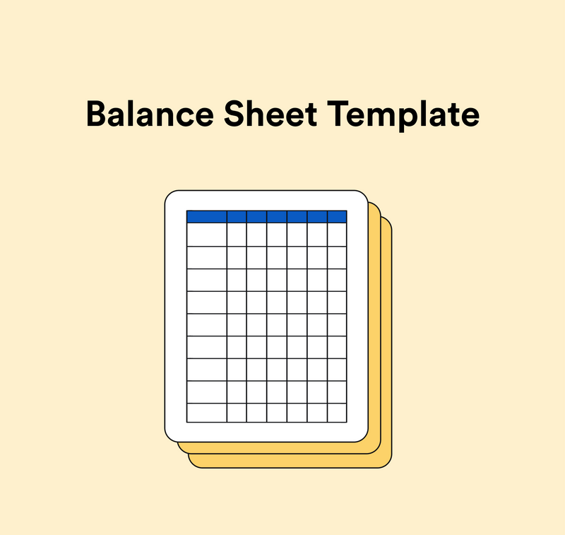 Illustration of a balance sheet template with a grid, blue header, and a yellow stack of sheets in the background.