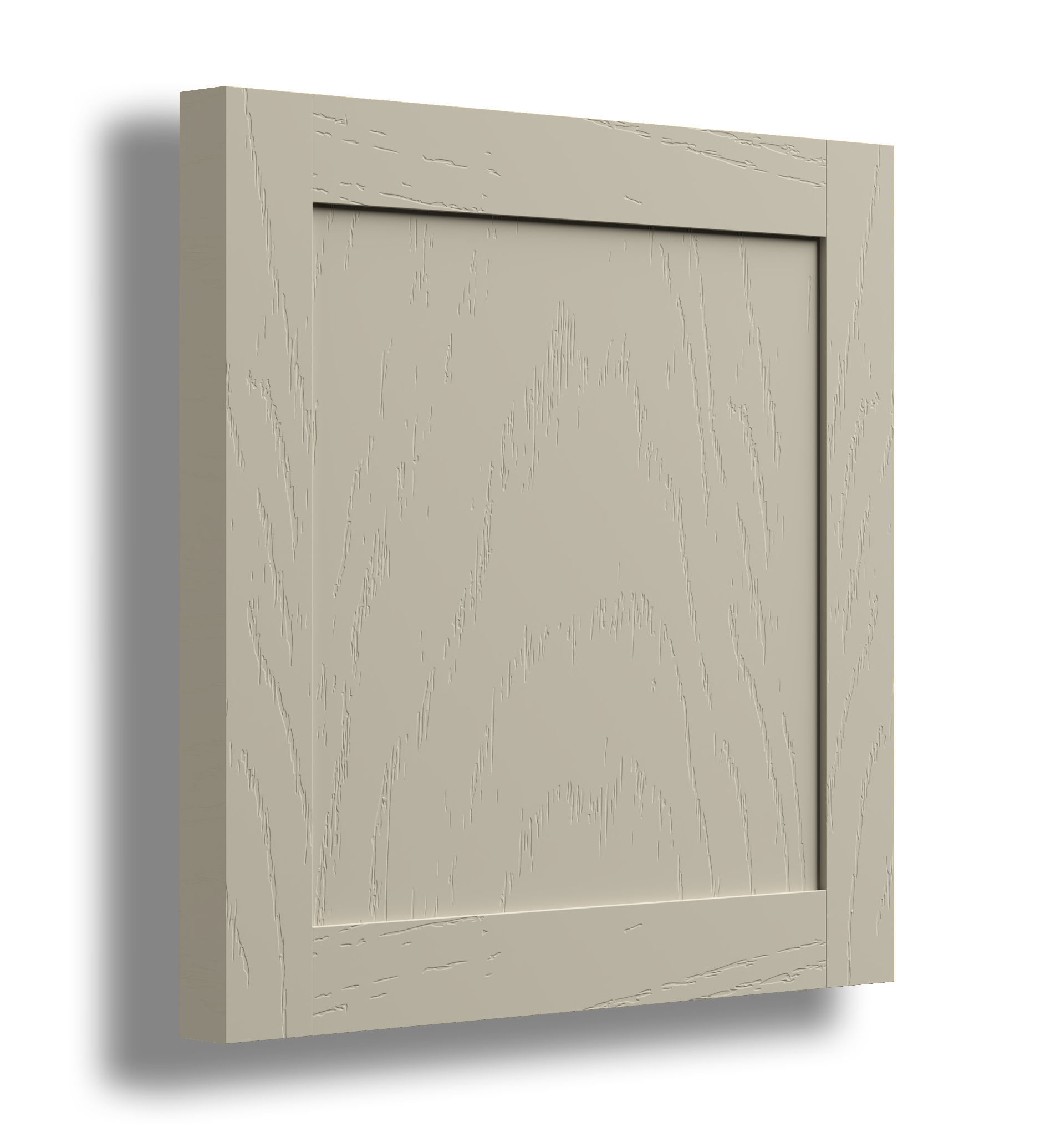 A beige wooden cabinet with a carved wood grain pattern and a recessed panel door.