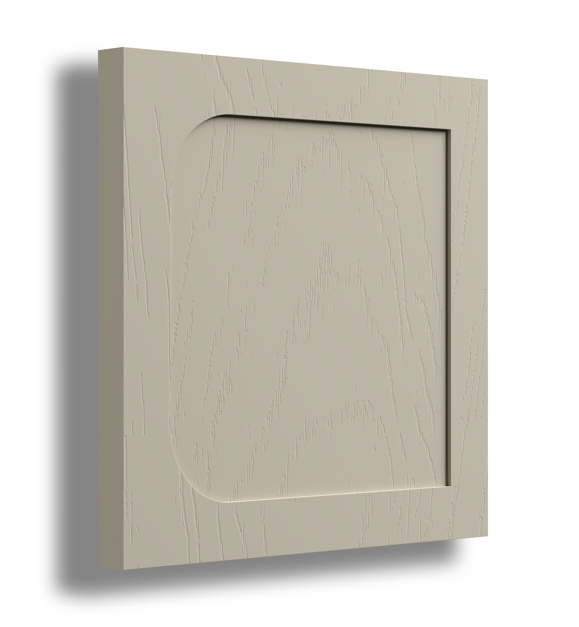 A beige wooden cabinet with a recessed panel door and visible wood grain texture.