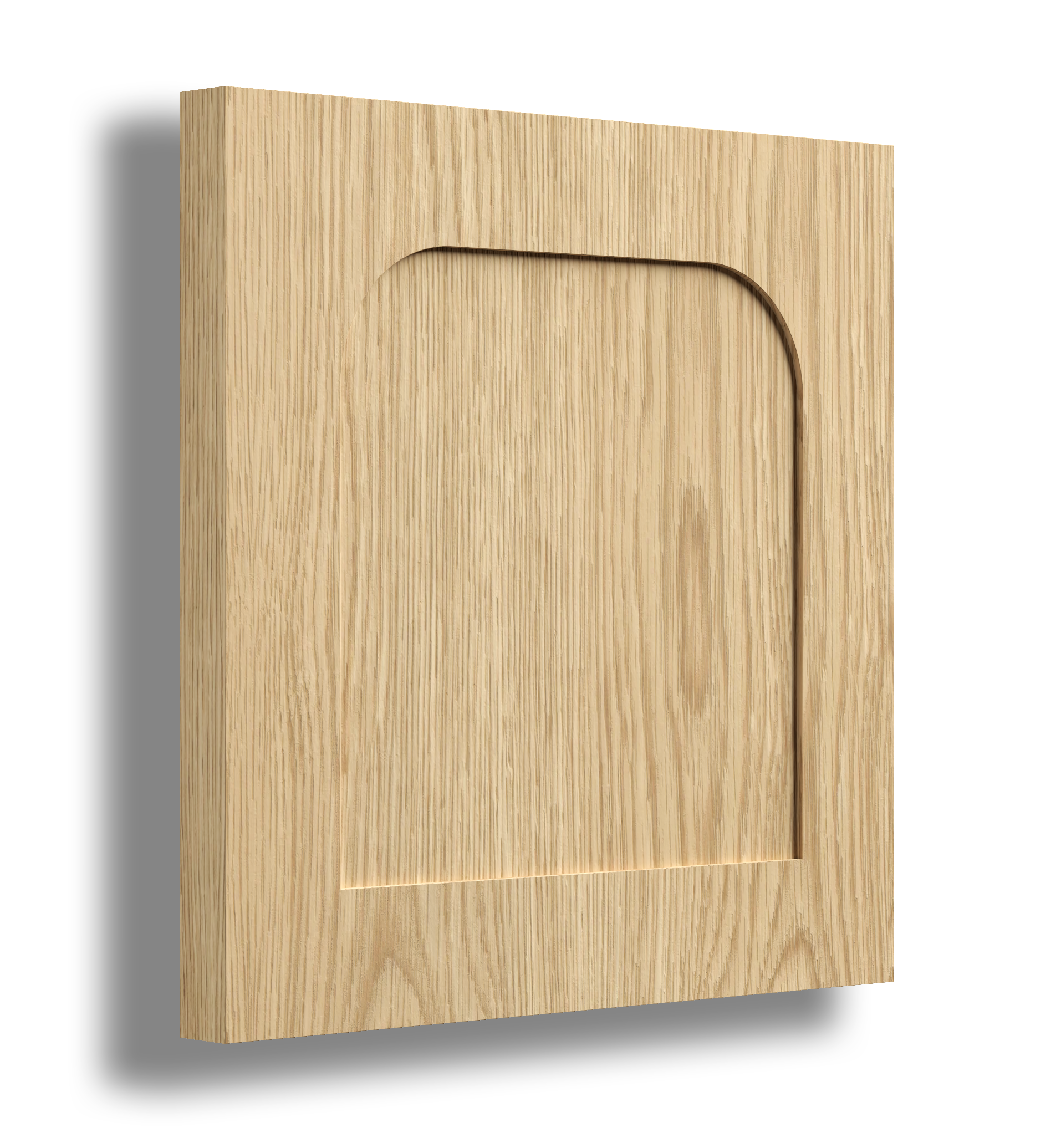 A wooden wall panel with a carved-out rectangular shape, creating a decorative inset pattern.