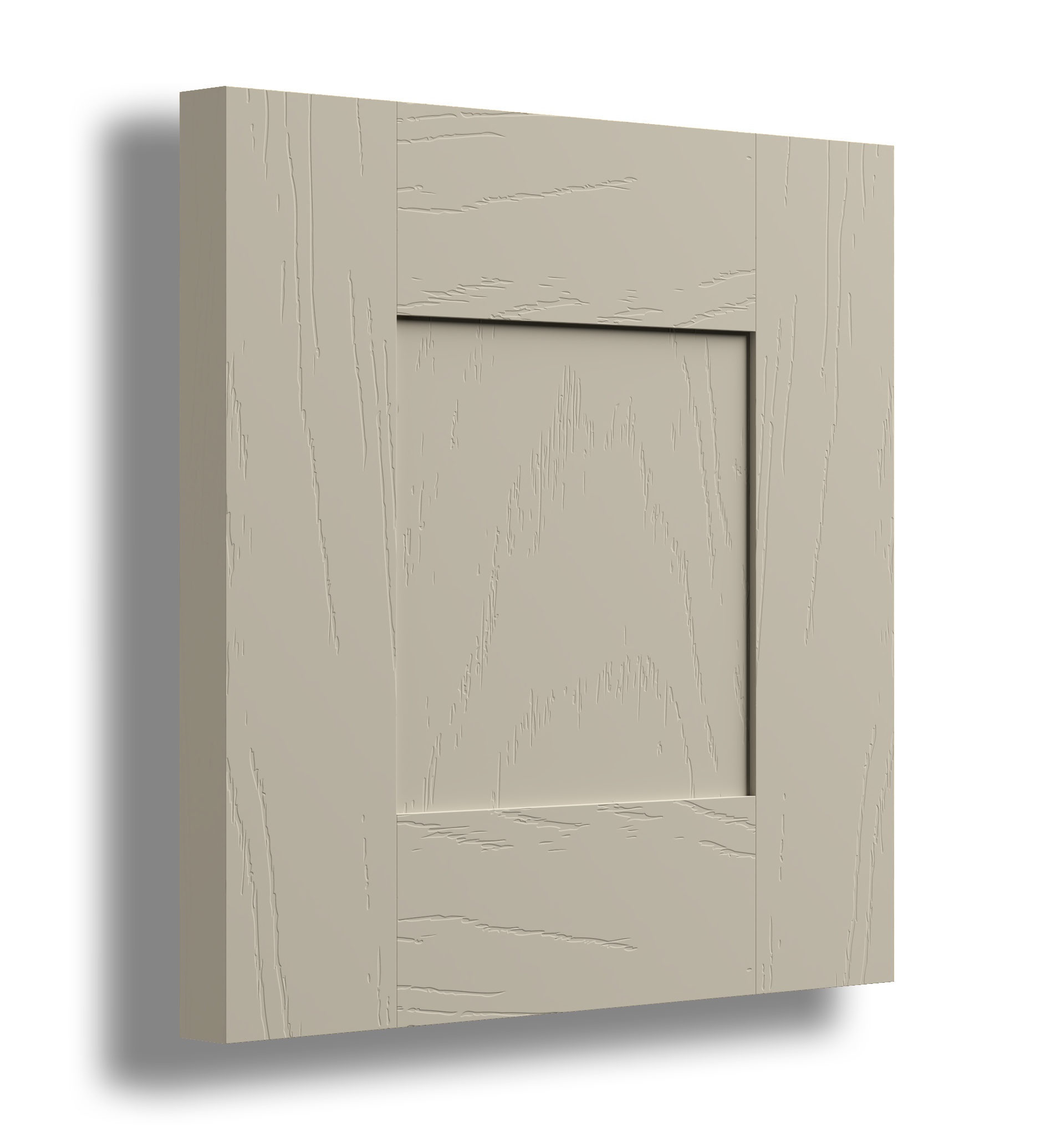 A beige wooden cabinet door with a recessed panel and visible wood grain texture.