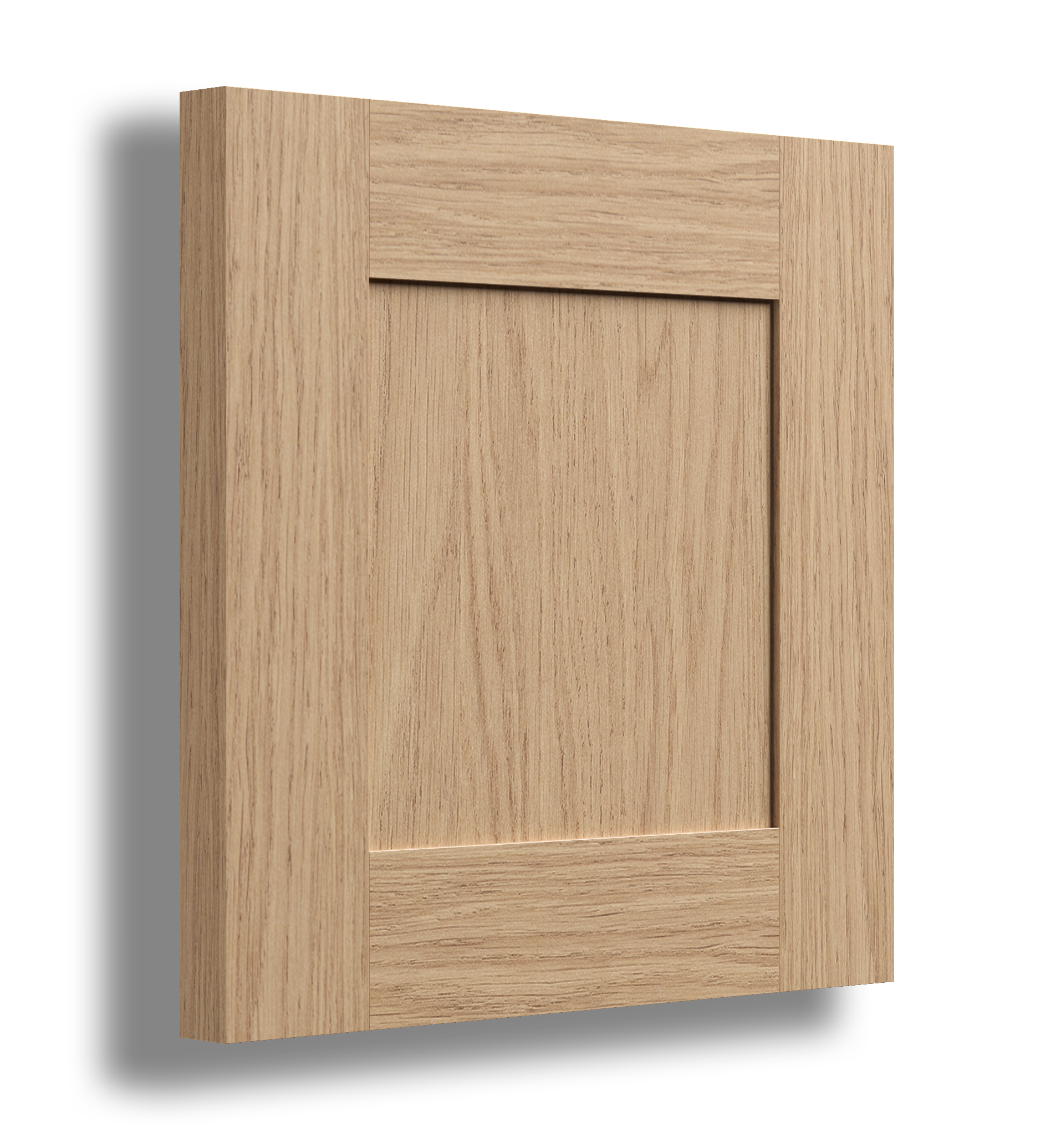 A wooden kitchen cabinet door with a simple raised panel design, light wood finish, and visible wood grain, casting a shadow to the left.