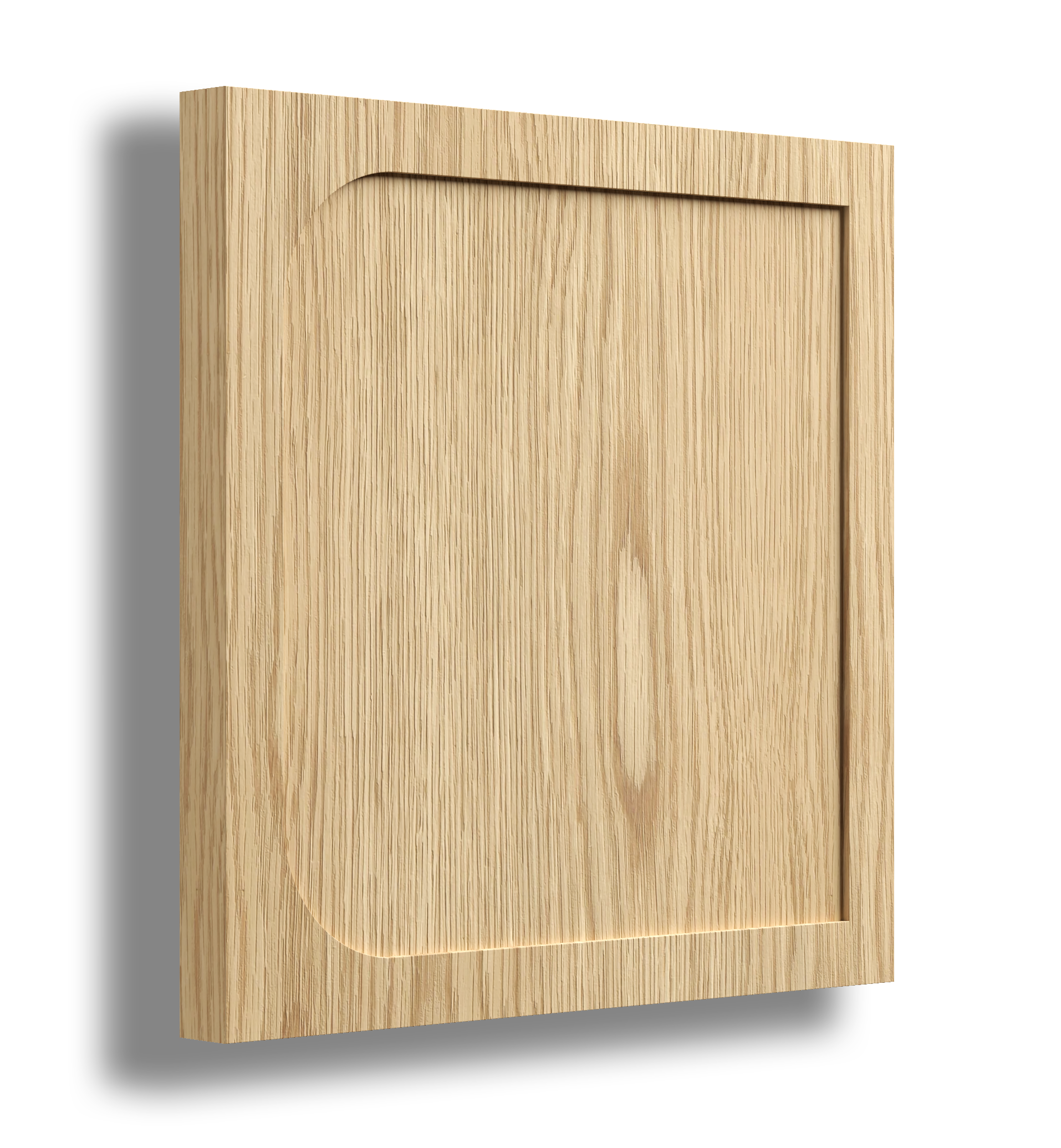 Front view of a wooden cabinet door with a recessed panel and rounded edges.
