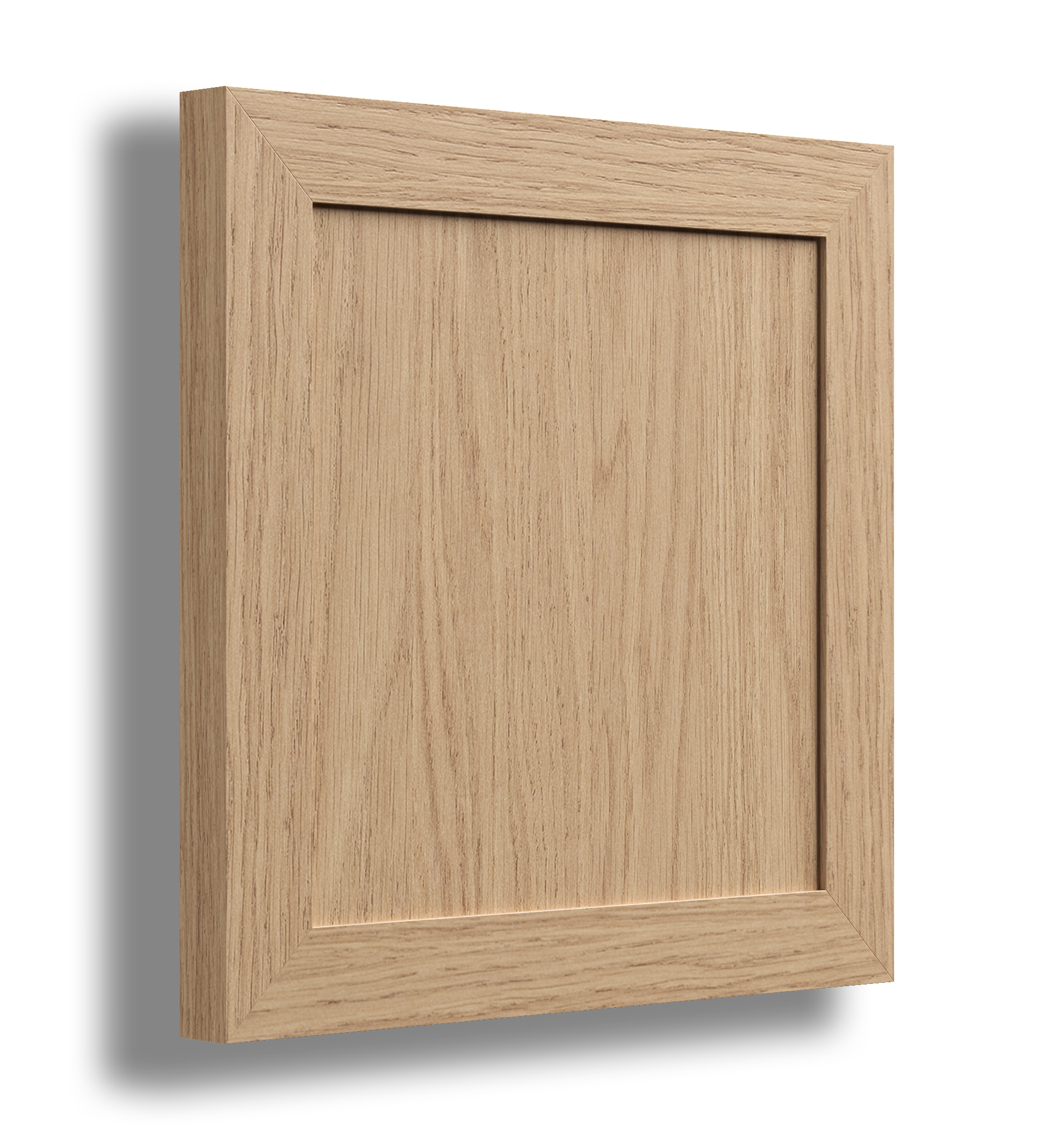 A wooden cabinet door with a rectangular frame and a smooth wooden surface.