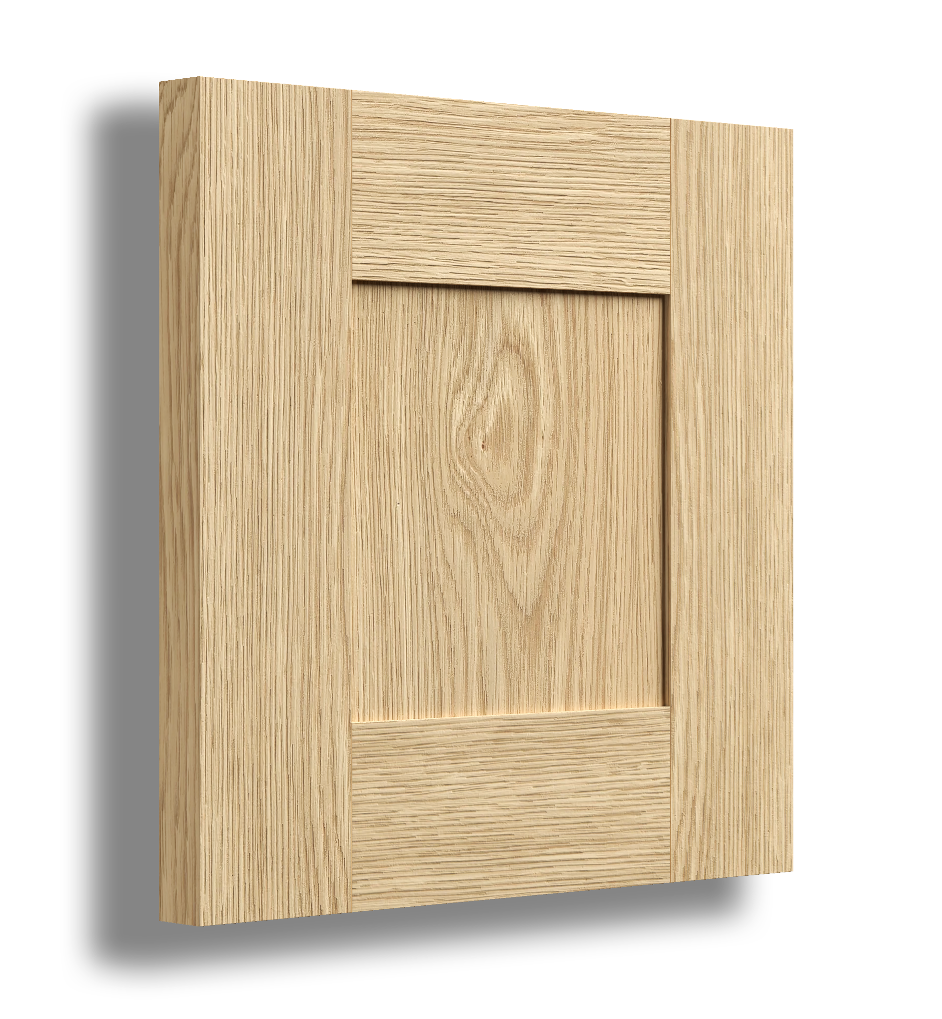 A wooden cabinet door with natural wood grain, featuring a rectangular panel and trim.