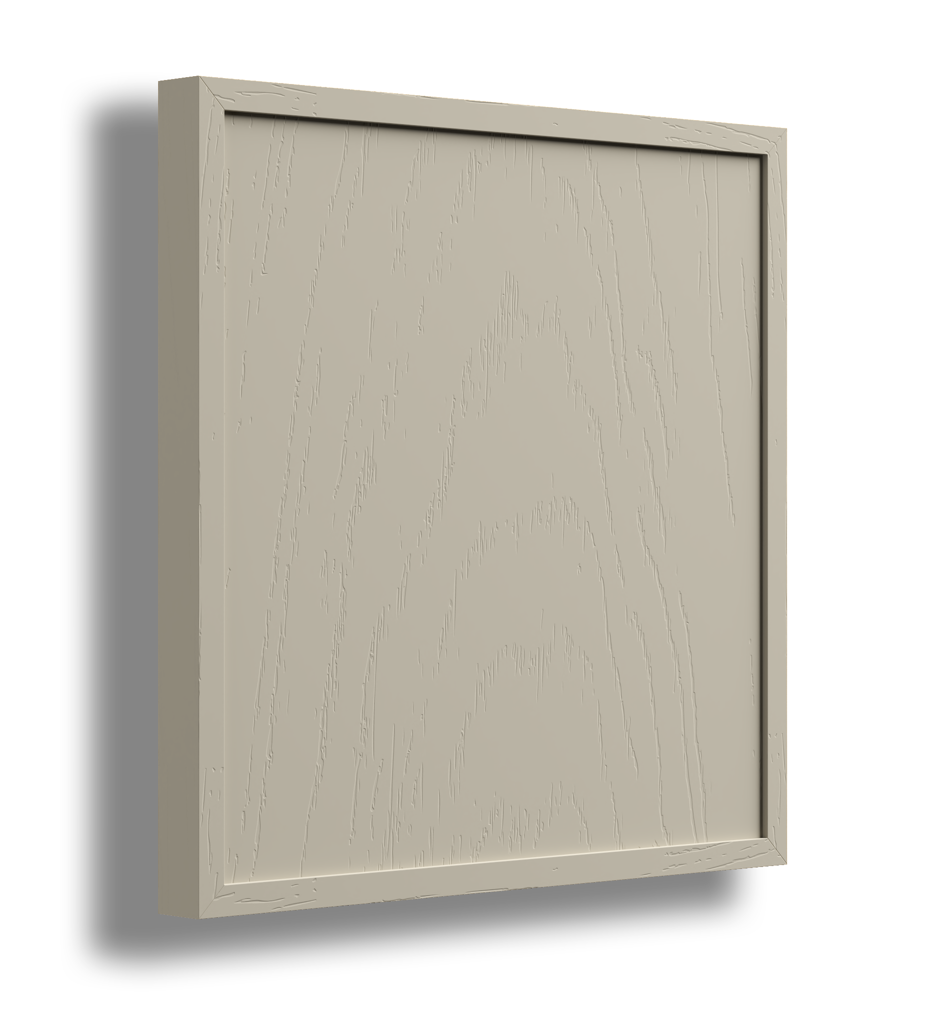 A beige wooden cabinet with a simple flat door, side view, and soft shadow on a plain background.