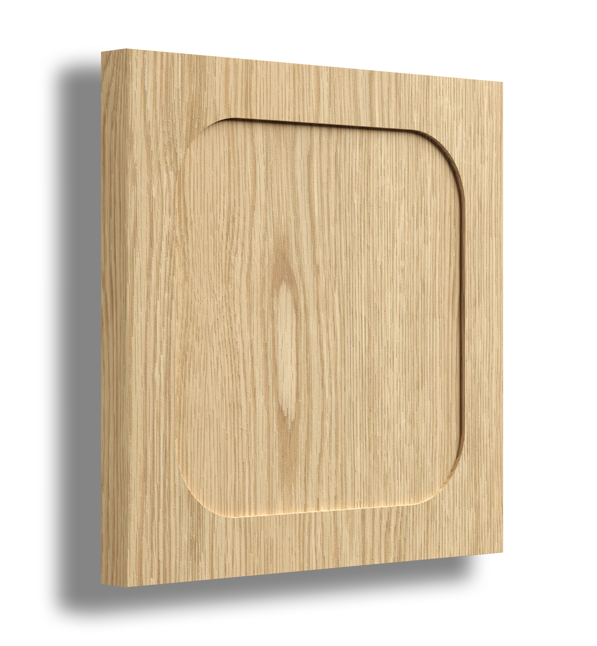 Close-up of a wooden light switch cover with a carved rectangular shape and rounded corners, mounted on a wall.