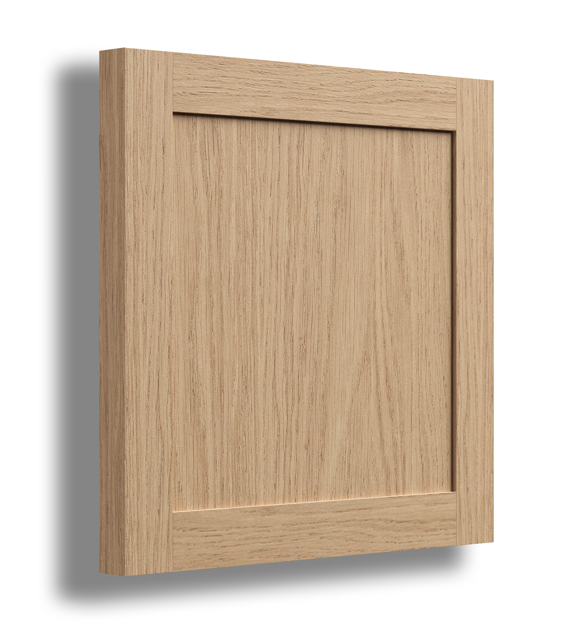 A wooden cabinet door with a natural finish and a simple rectangular panel design.