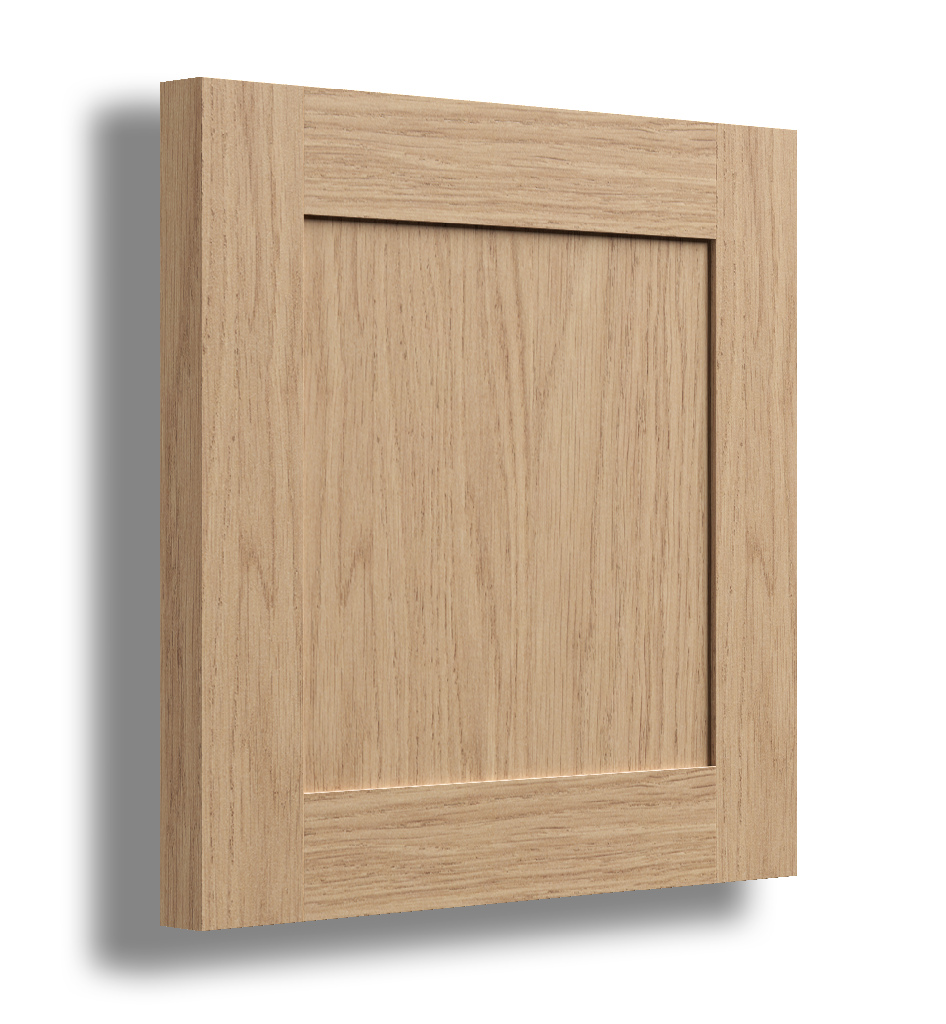 A wooden cabinet door with a light natural finish and a frame around the panel.
