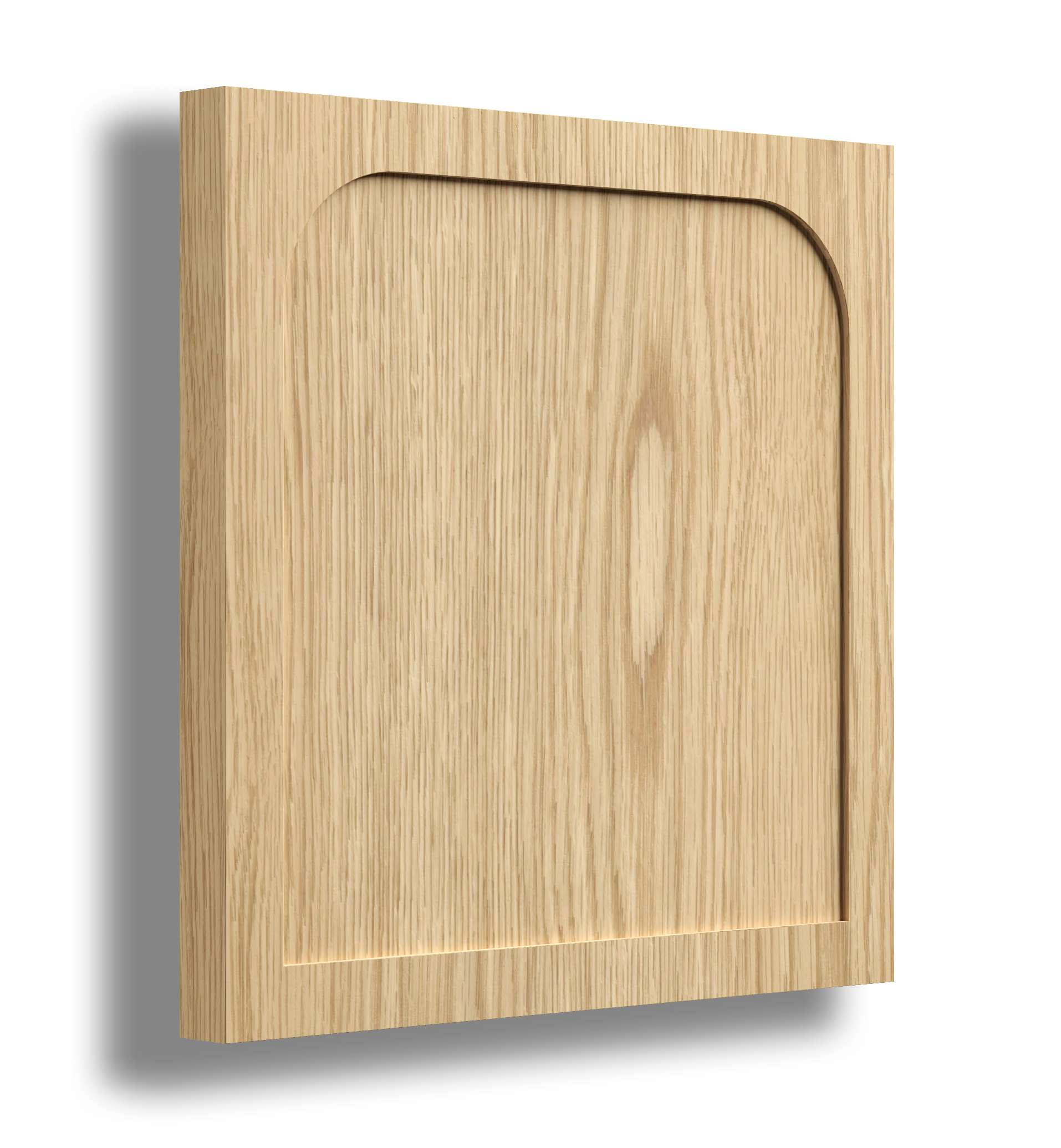 A wooden cabinet door with a recessed panel design, light wood grain finish, and rounded top corner.