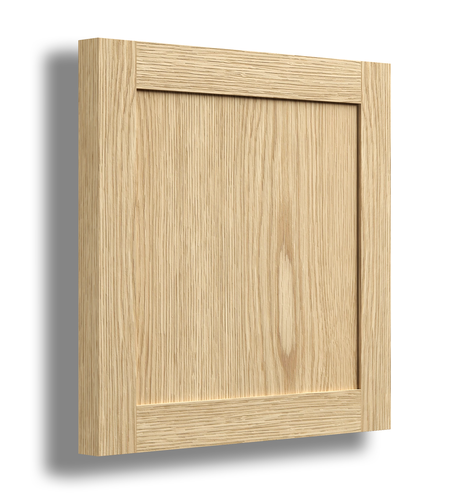 A wooden cabinet door with a wood grain finish and a simple rectangular frame.