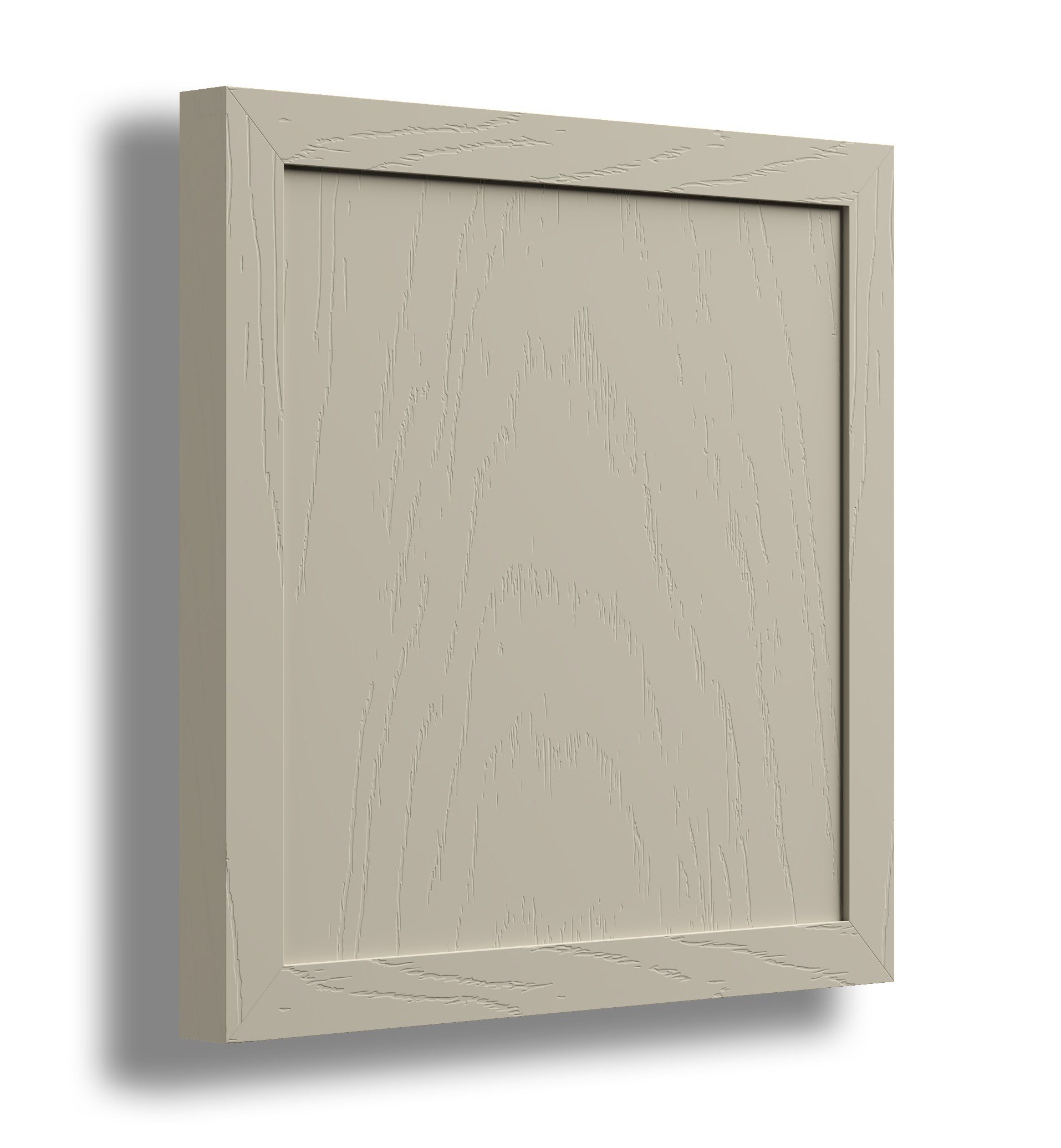 A beige wooden cabinet with a simple design, featuring a recessed panel door and a frame with visible wood grain textures.