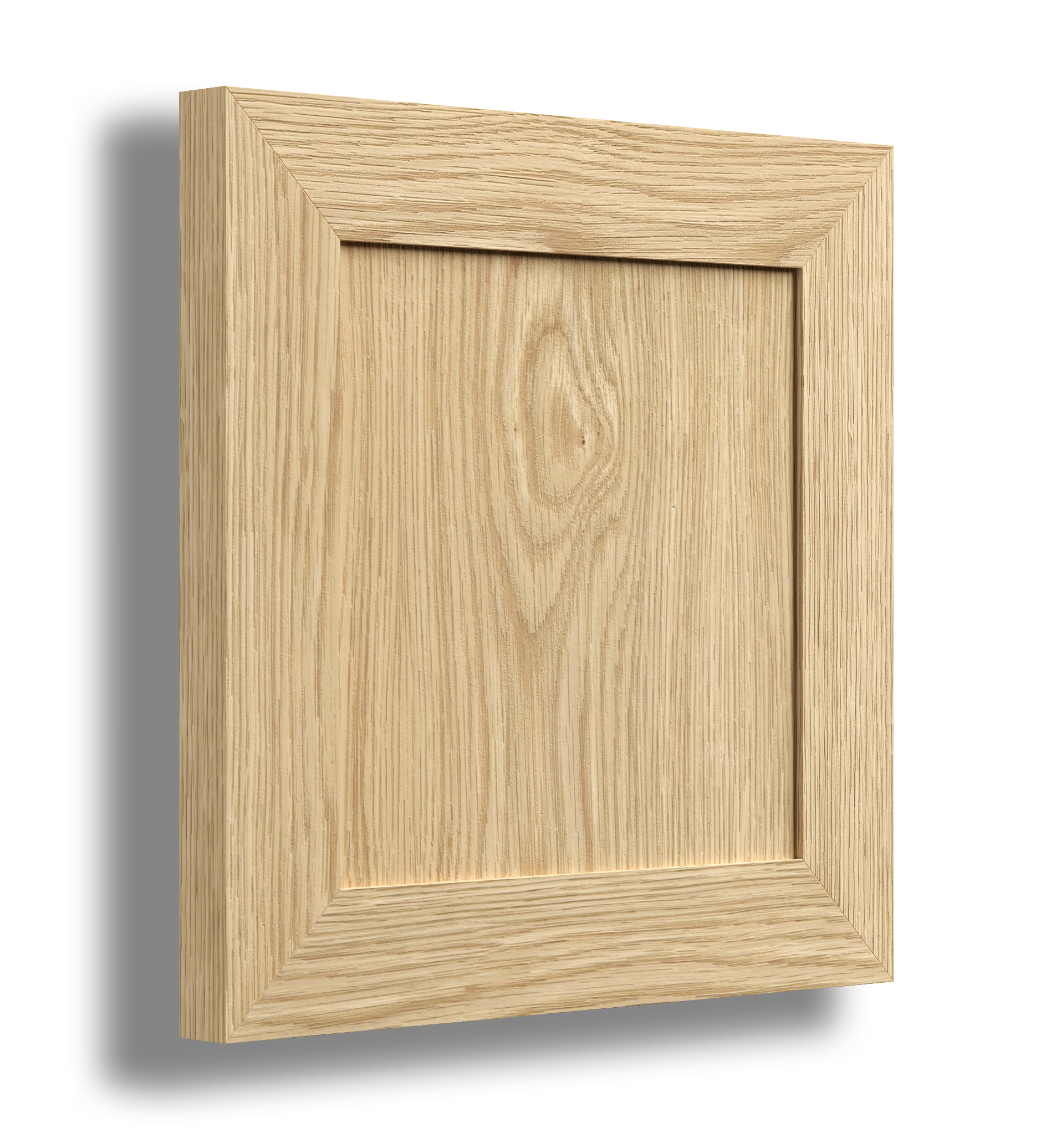 Close-up of a wooden cabinet door with a frame and natural wood grain, casting a shadow.