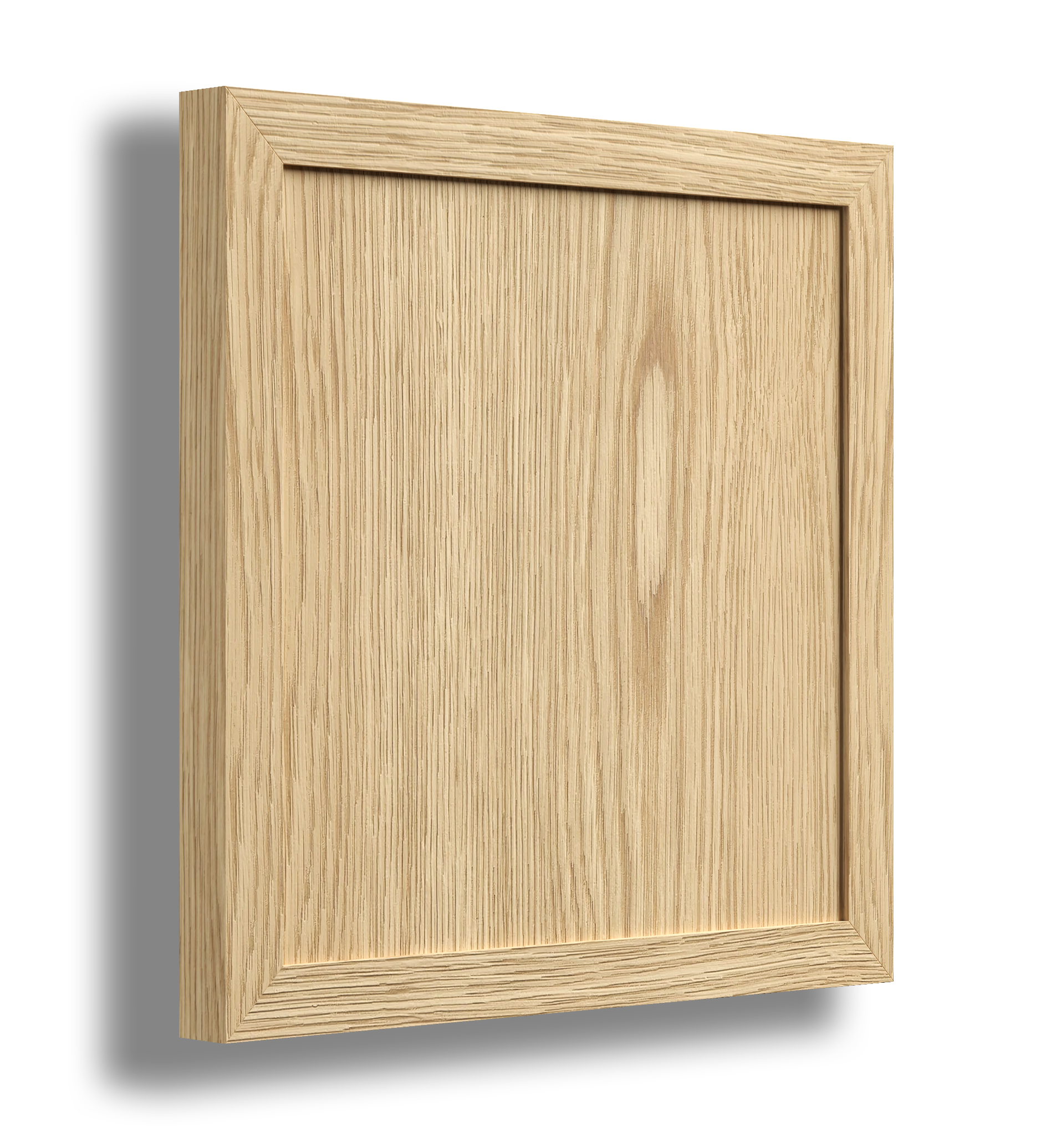A wooden picture frame with a light oak finish and a shadow cast on the left side.