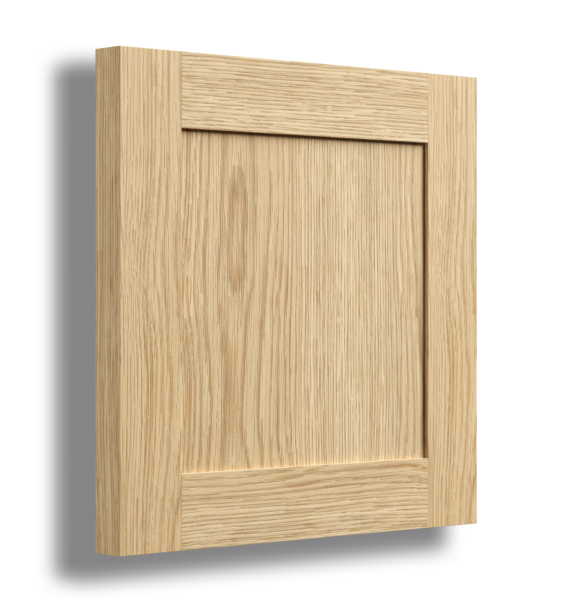 A wooden cabinet door with a natural finish, visible wood grain, and a recessed panel design.