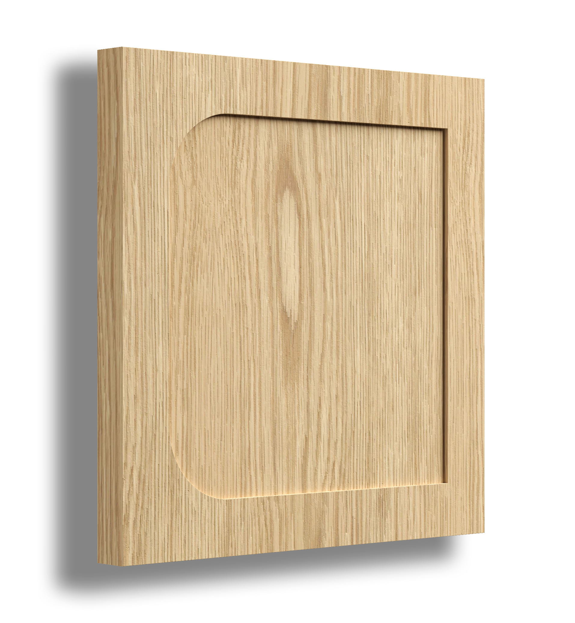 Wooden cabinet door with a recessed panel and rounded top corner.